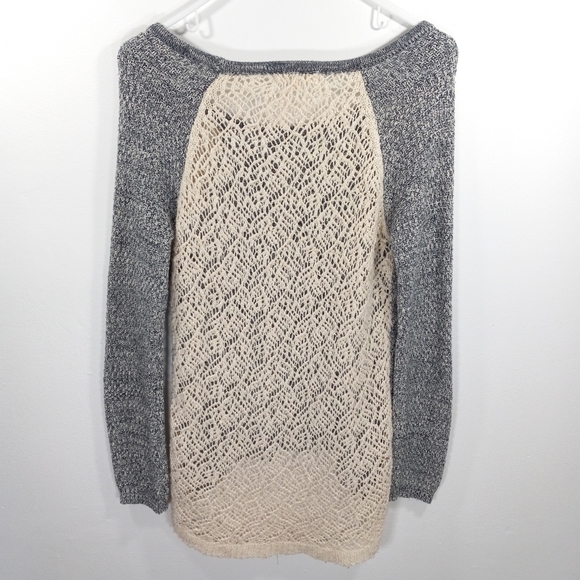 💥CLOSING SALEpink rose NAVY&CREAM HI-LO BOATNECK SWEATER CROCHET BACK SZ M - Picture 3 of 7